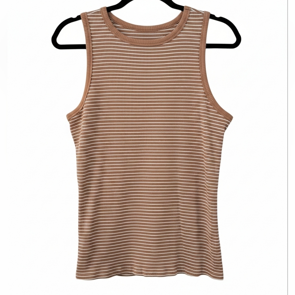 Nine West Essential XL Ribbed Striped Tank Top Brown White Stretch